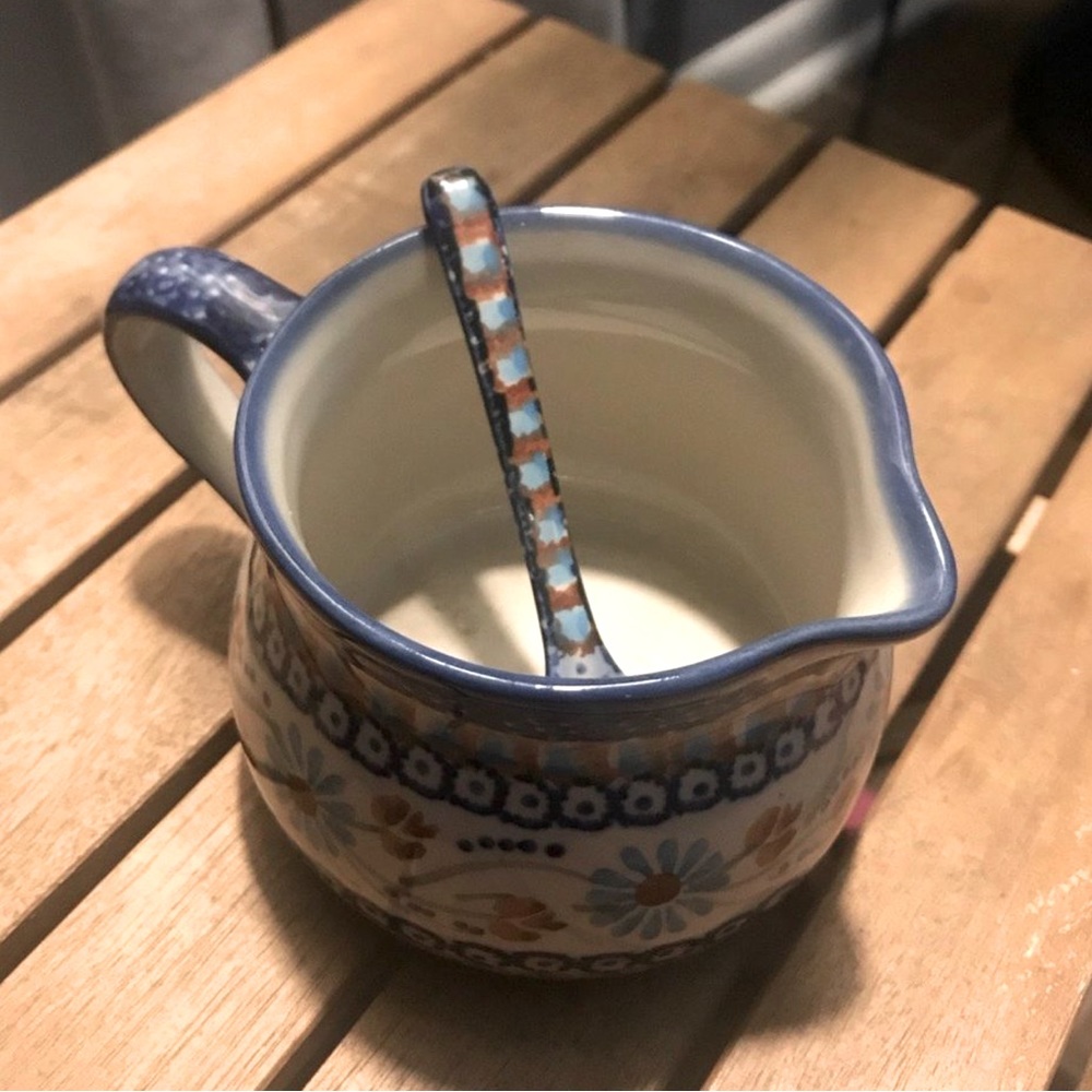 Shasta Blue Sky Pitcher & Tea spoon Polish Pottery